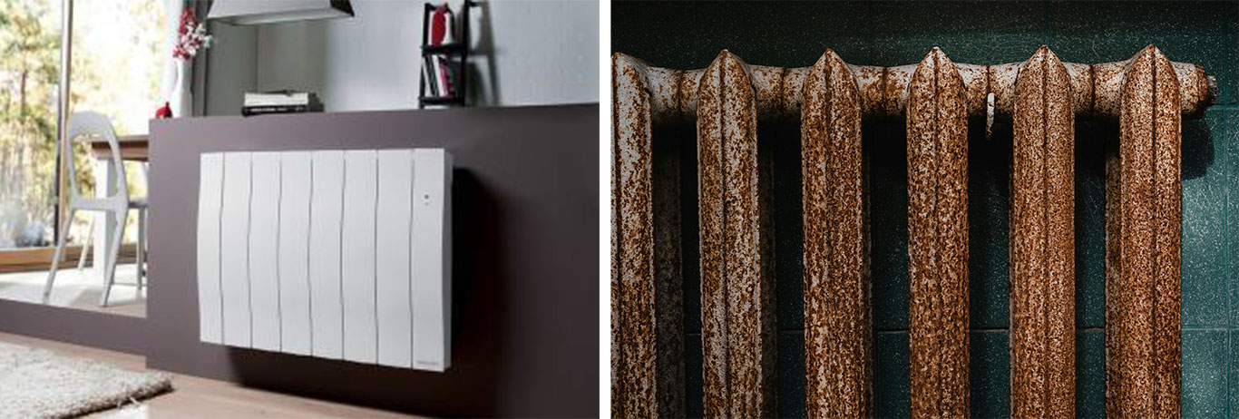 Changement de chauffage en hiver : ancien système de chauffage à droite et modèle moderne performant à gauche, illustrant l'évolution technologique.