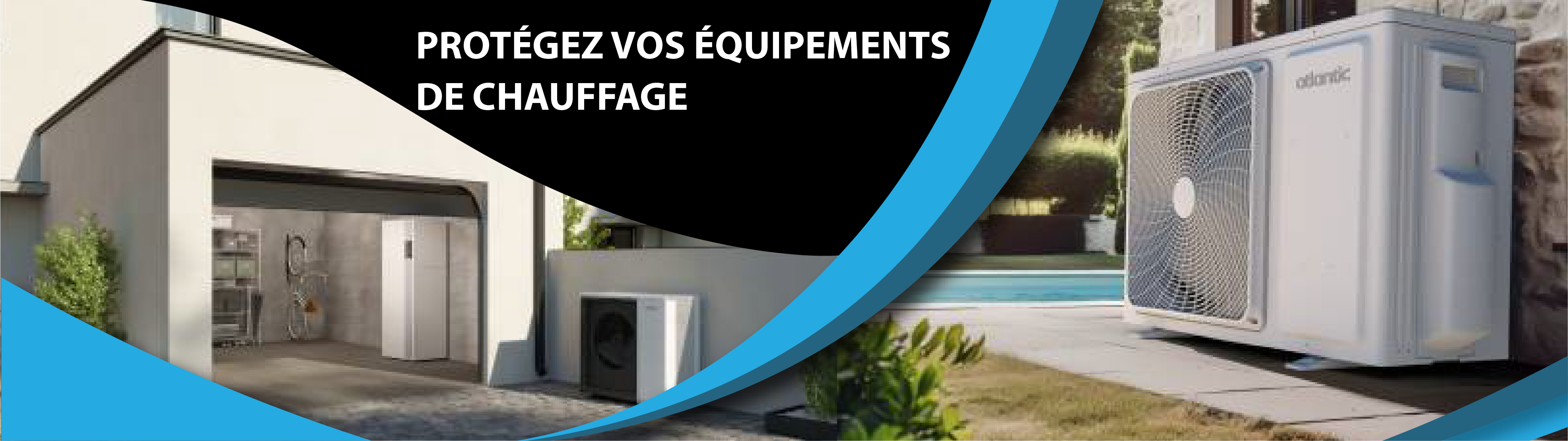 Installation d'une pompe à chaleur devant un garage, montrant l'équipement adapté pour résister aux conditions hivernales.